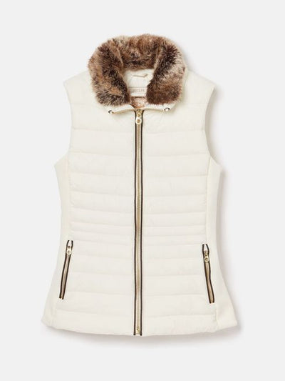 Joules Women’s Beckley White Padded Showerproof Gilet With Detachable Faux Fur Collar