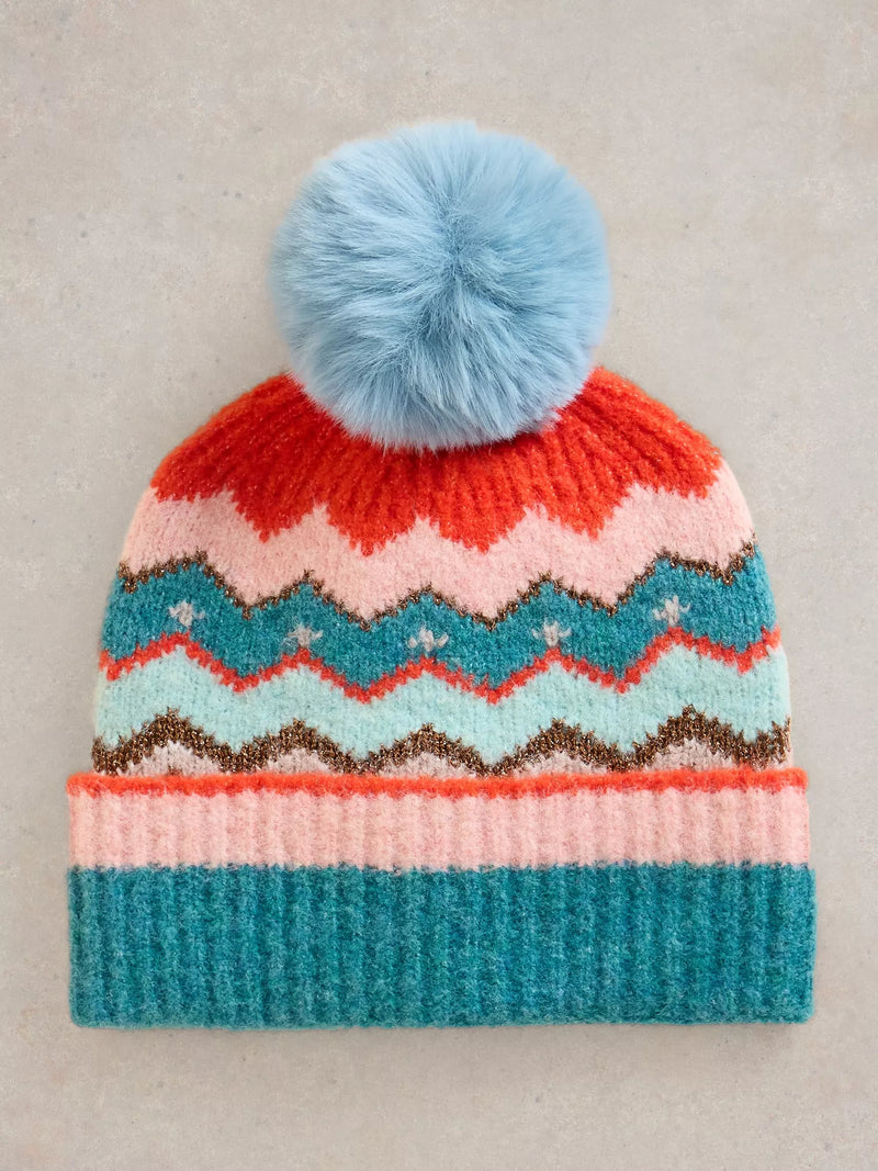 White Stuff Zig Zag Fairisle Beanie in Teal MLT