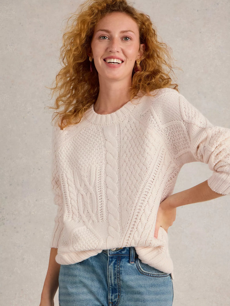 White Stuff Women’s Patchwork Cable Jumper in LGT NAT