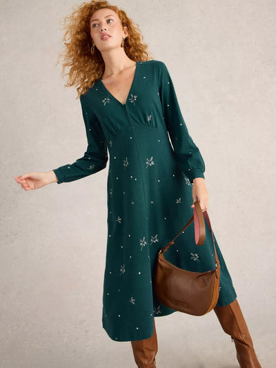 White Stuff Women’s Megan Embroidered Jersey Dress in Teal MLT