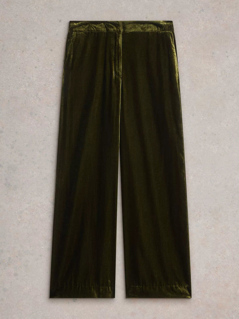 White Stuff Women’s Belle Wide Leg Velvet Trouser in Khaki Green