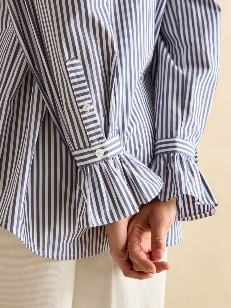 Joules Women’s Mae Relaxed Fit Frill Neck Shirt - Navy Stripe