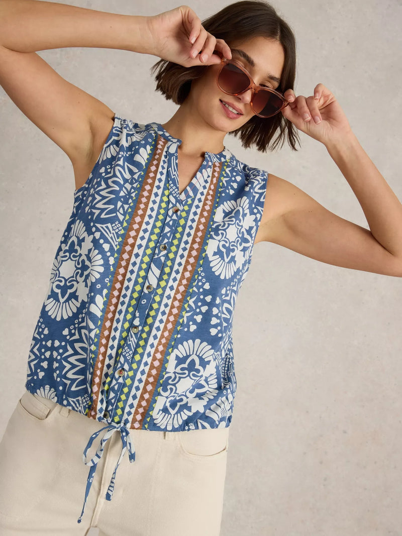 White Stuff Women’s Tulip Sleeveless Shirt in Blue Print