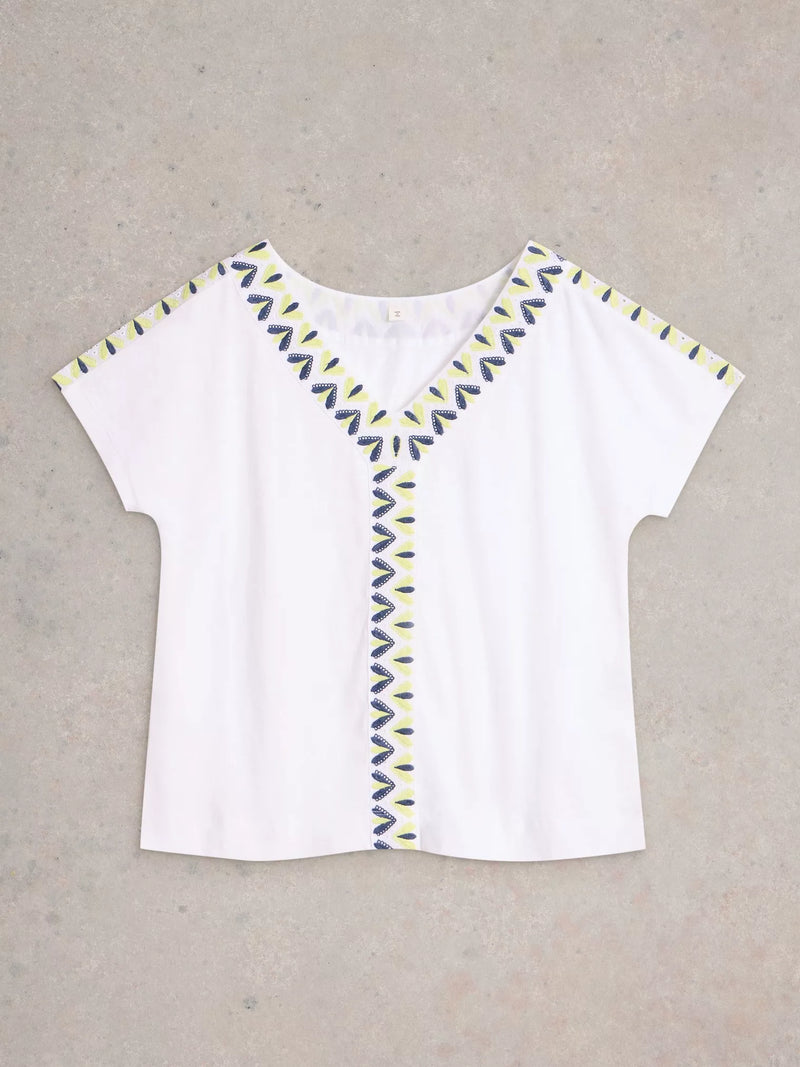 White Stuff Neva Embroidered Top in White MLT