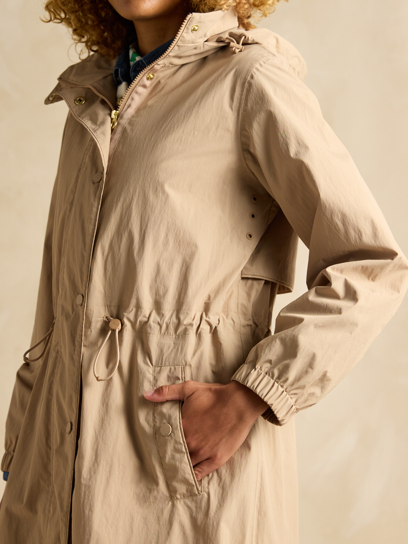 Joules Women’s Hensley Tan Brown Waterproof Longline Coat with Packable Hood