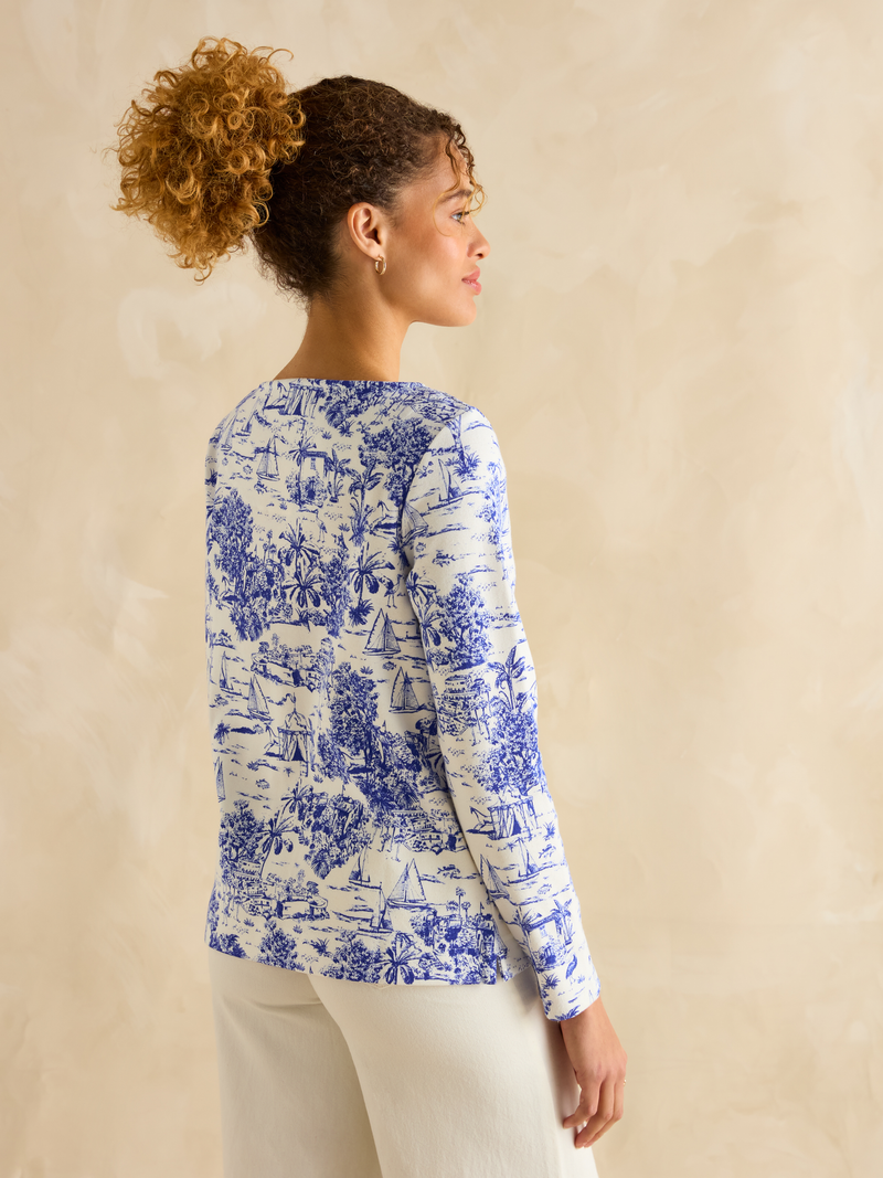 Joules Women’s Harbour Blue Toile de Jouy Boat Neck Printed Top