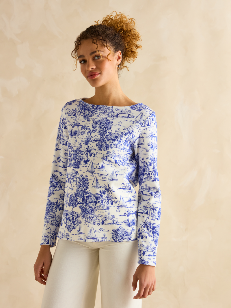 Joules Women’s Harbour Blue Toile de Jouy Boat Neck Printed Top