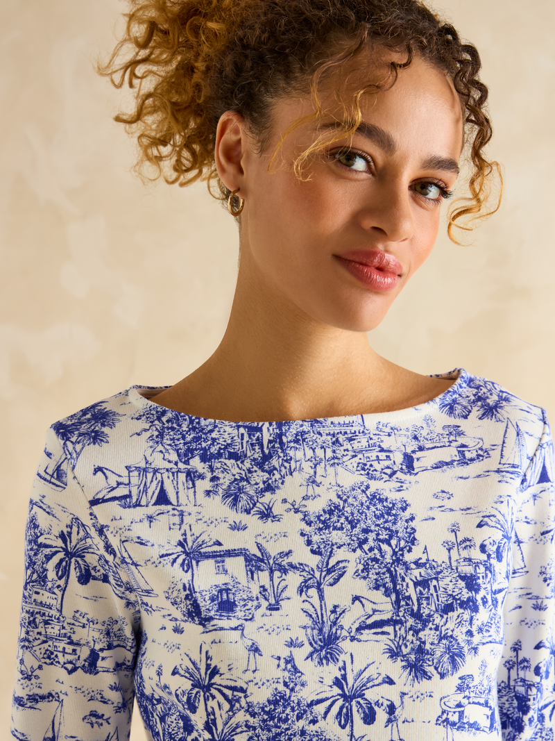 Joules Women’s Harbour Blue Toile de Jouy Boat Neck Printed Top