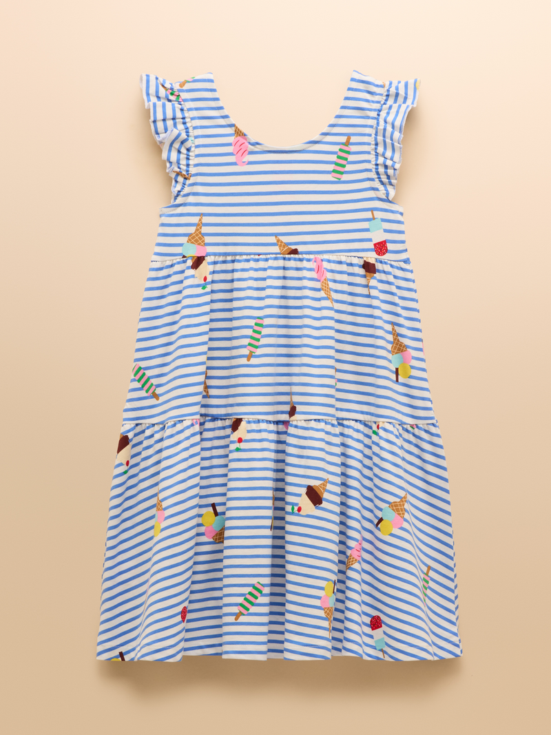 Joules Kids Butterly Blue Print Frill Sleeve Dress