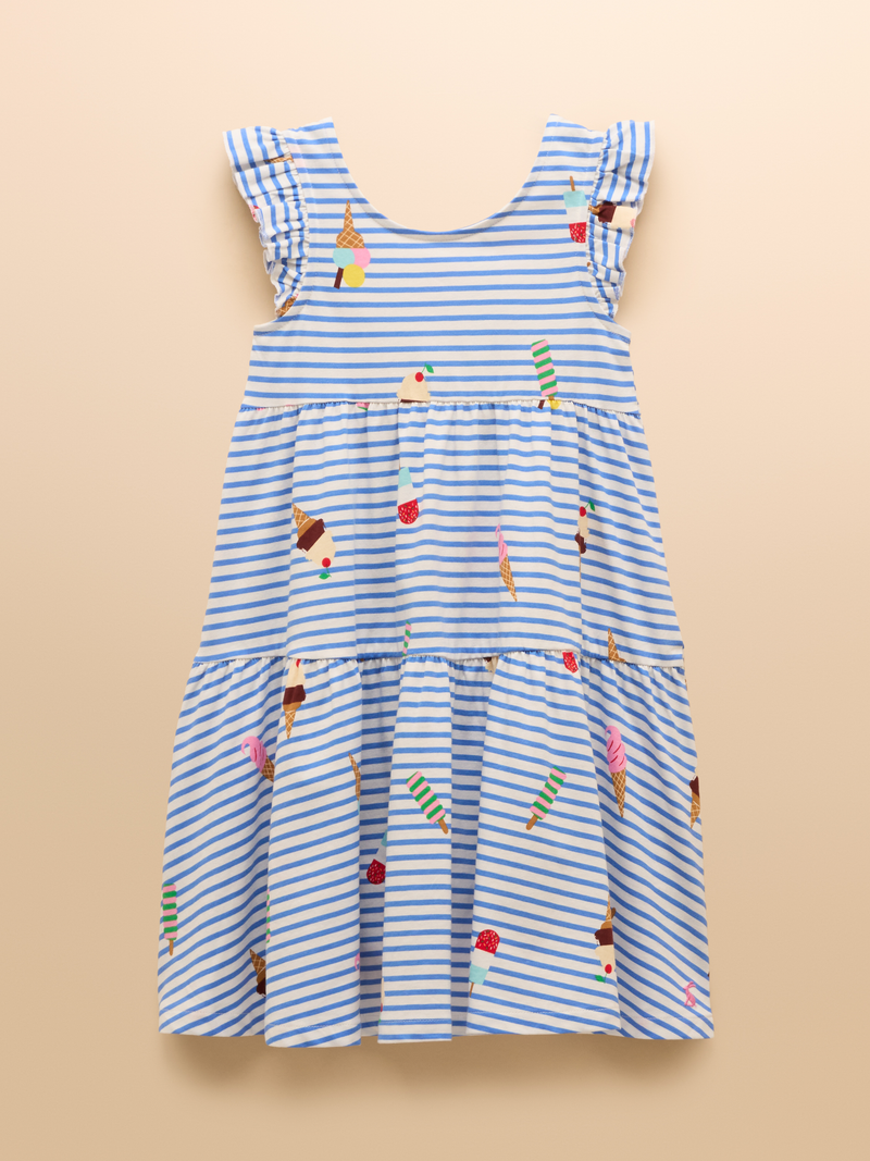 Joules Kids Butterly Blue Print Frill Sleeve Dress