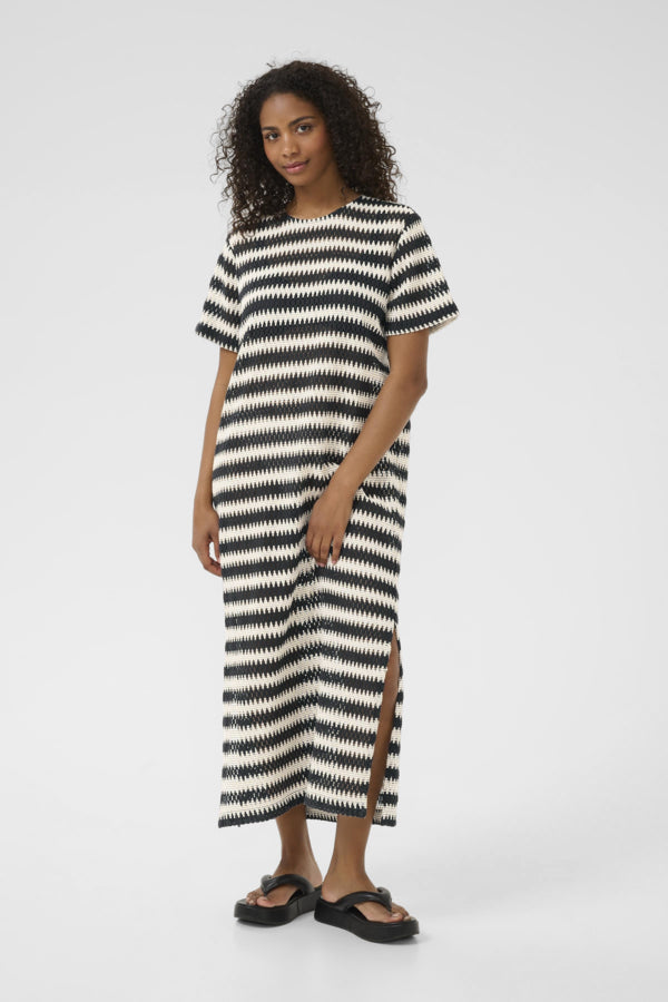 Kaffe KAmolin Lace Striped Short Sleeve Midi Dress - Black Broken White Lace