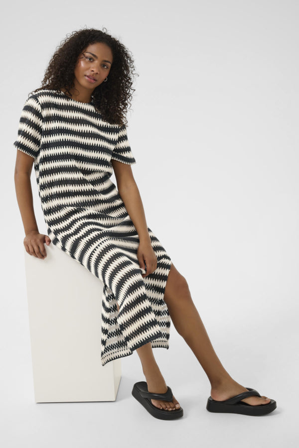 Kaffe KAmolin Lace Striped Short Sleeve Midi Dress - Black Broken White Lace