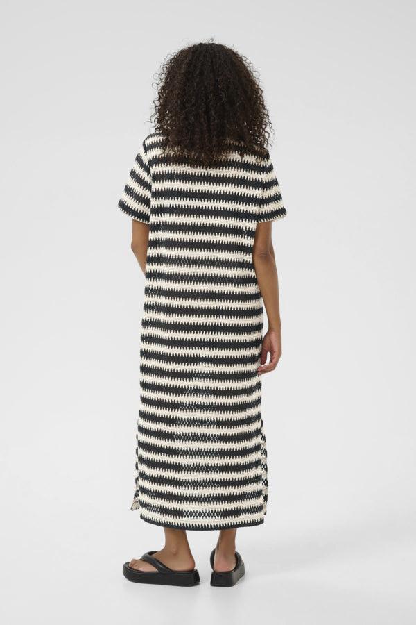 Kaffe KAmolin Lace Striped Short Sleeve Midi Dress - Black Broken White Lace
