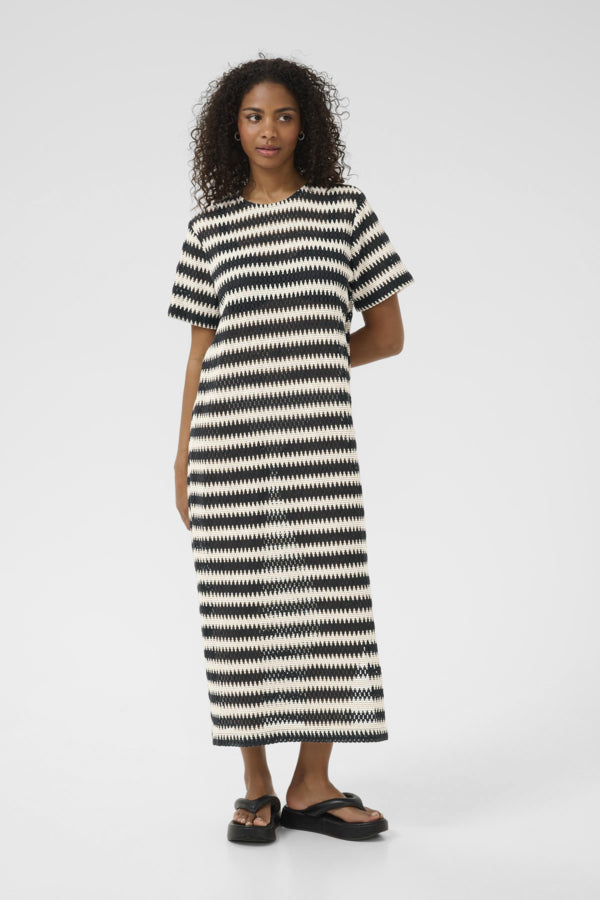 Kaffe KAmolin Lace Striped Short Sleeve Midi Dress - Black Broken White Lace
