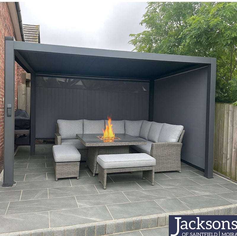 BUNDLE DEAL! Santorini Fire Pit Corner Sofa Set and Hartman Premium Como 3m x 3m Pergola