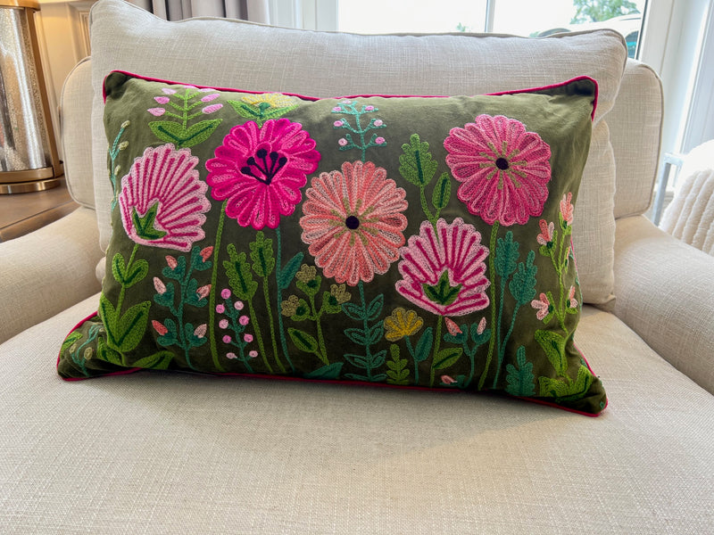 Embroidered Ensley Velvet Moss Cushion 60cm x 40cm