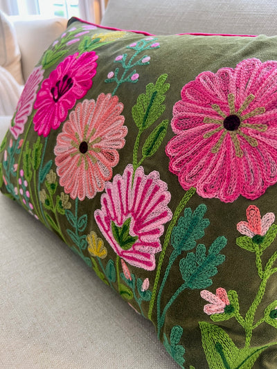 Embroidered Ensley Velvet Moss Cushion 60cm x 40cm