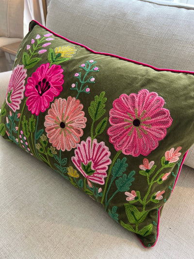 Embroidered Ensley Velvet Moss Cushion 60cm x 40cm