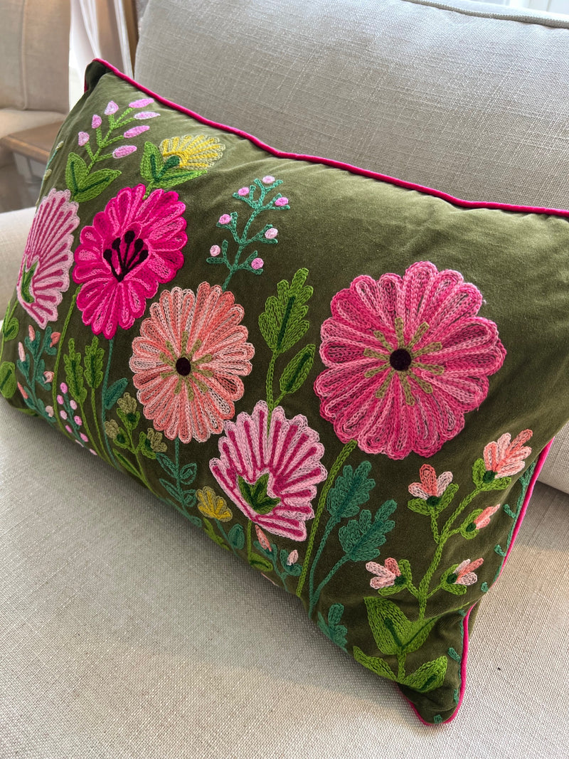 Embroidered Ensley Velvet Moss Cushion 60cm x 40cm