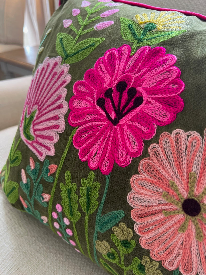 Embroidered Ensley Velvet Moss Cushion 60cm x 40cm