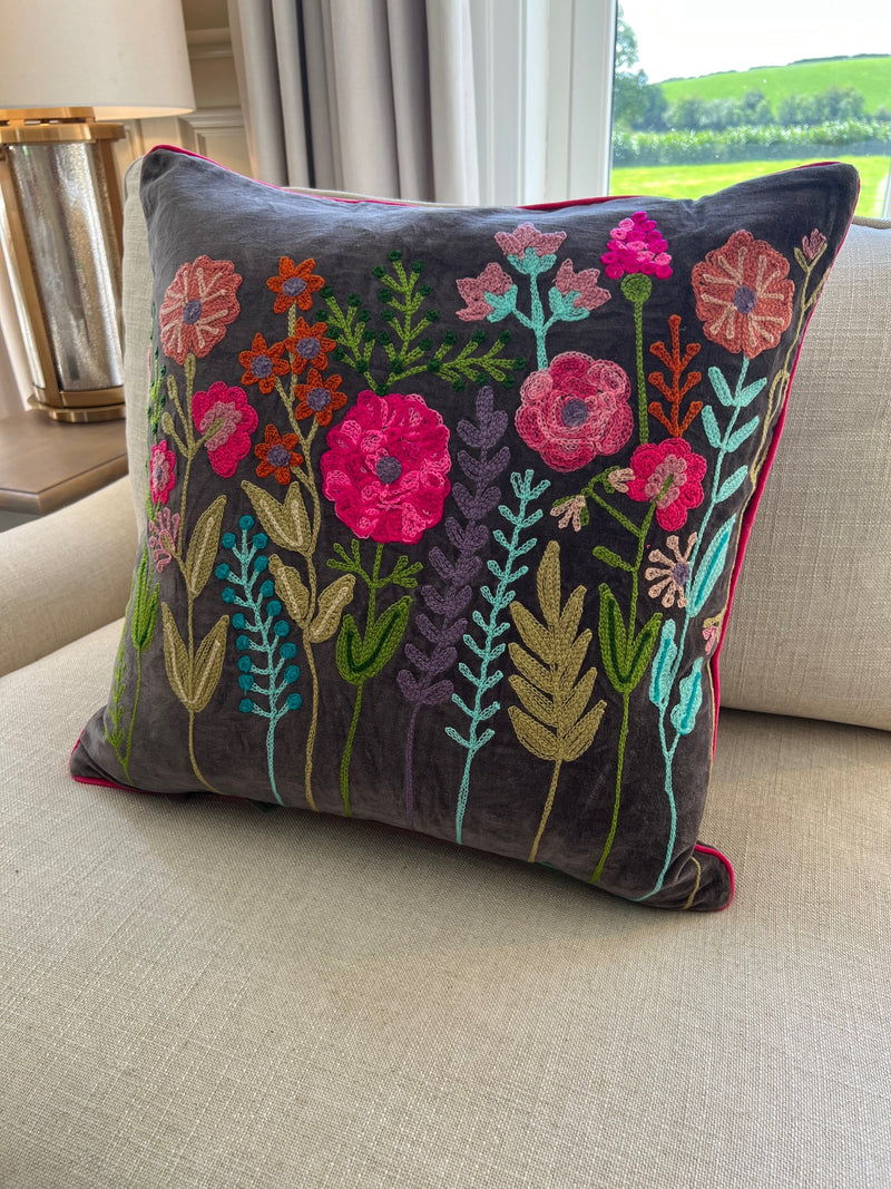 Embroidered Langley Velvet Cushion Dark Dove Grey 50cm x 50cm