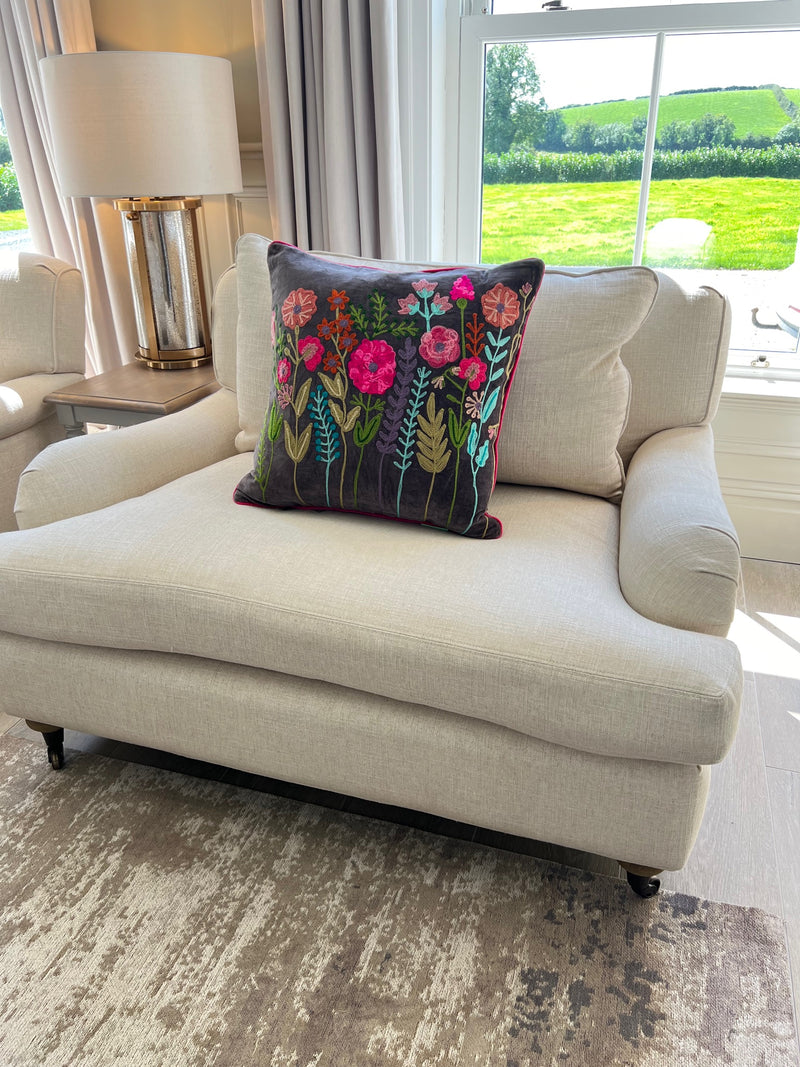 Embroidered Langley Velvet Cushion Dark Dove Grey 50cm x 50cm