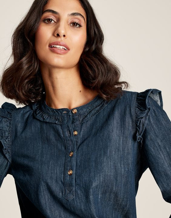 Joules Womens Remi Frill Shoulder Chambray Blouse - Mid Blue