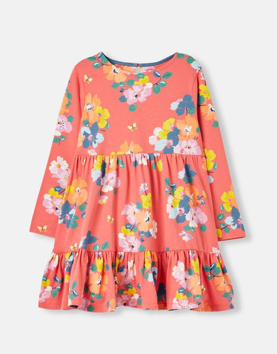 Joules Girls Evelyn Long Sleeve Jersey Tiered Dress - Red Floral