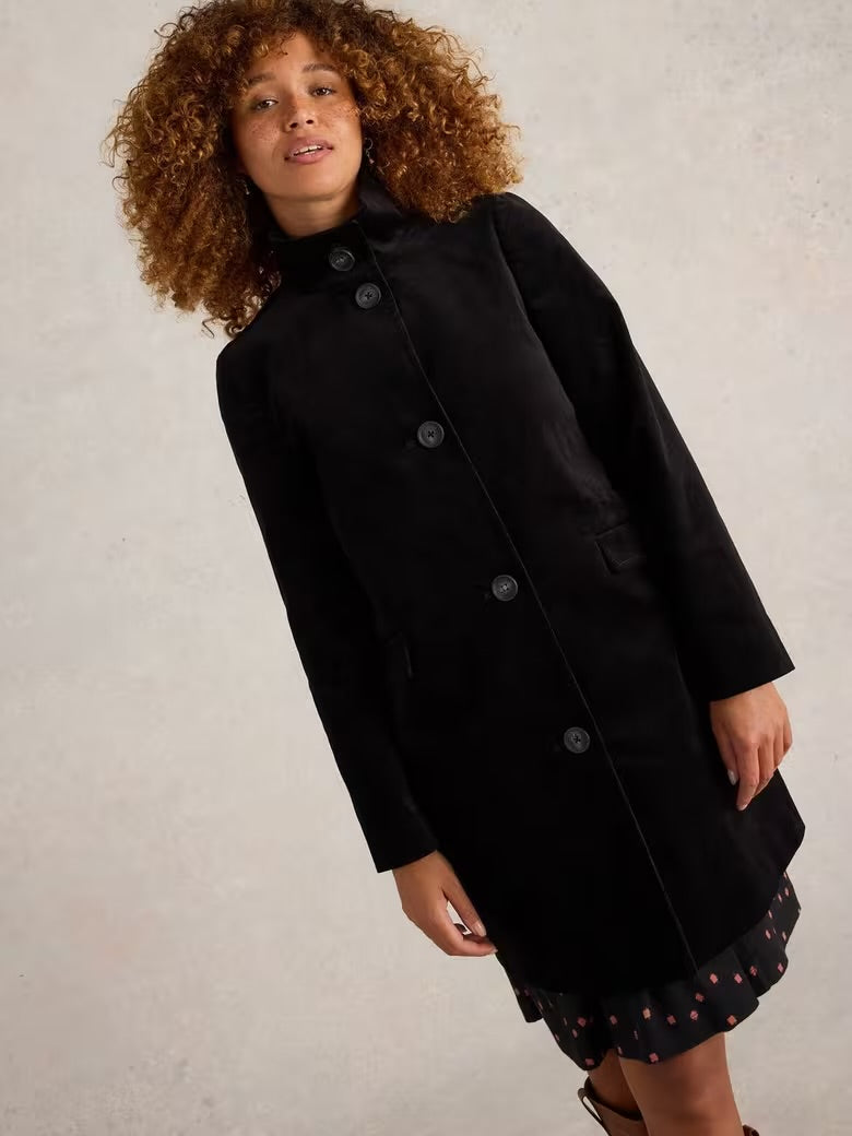 White Stuff Ladies Karla Velvet Coat in Pure Black 441430