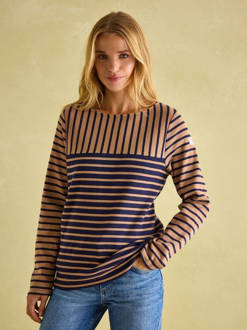 Joules New Harbour Tan/Navy Boat Neck Breton Top