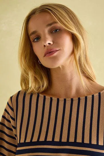 Joules New Harbour Tan/Navy Boat Neck Breton Top