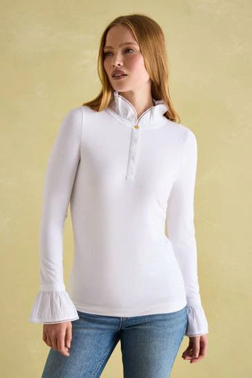 Joules Kate White Long Sleeve Frilled Neck Top