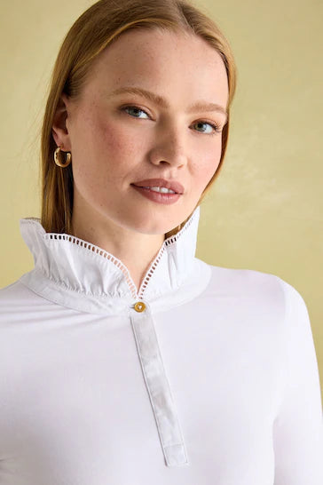 Joules Kate White Long Sleeve Frilled Neck Top