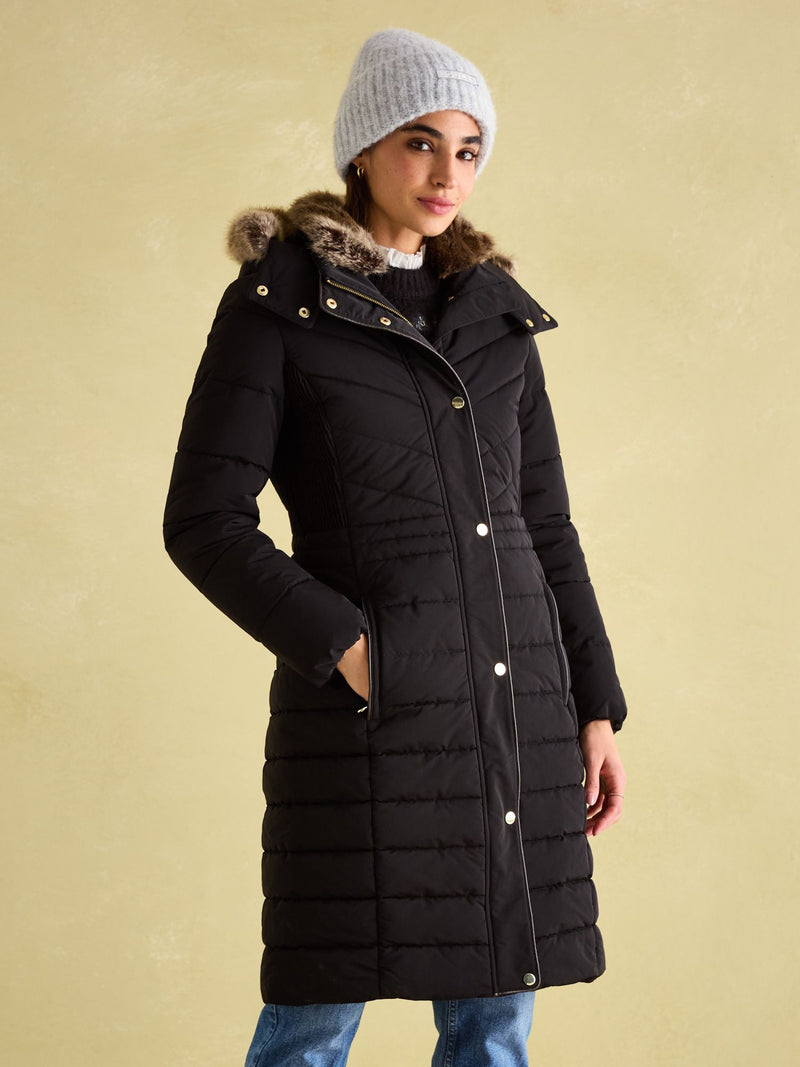 Joules Cherington Black Showerproof Longline Padded Coat with Faux Fur Hood