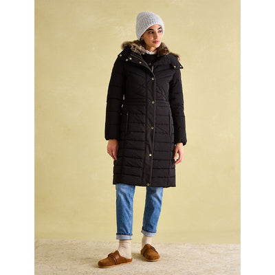 Joules Cherington Black Showerproof Longline Padded Coat with Faux Fur Hood