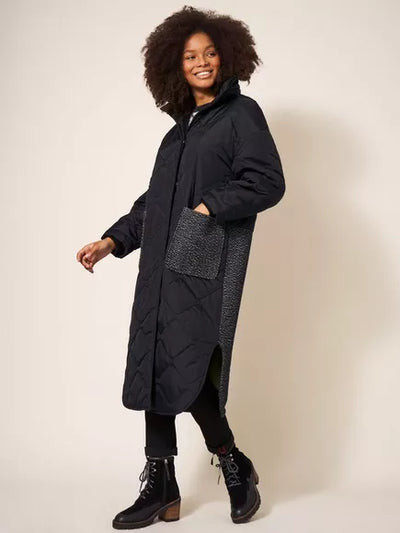 White Stuff LUNA FABRIC MIX QUILTED COAT IN BLACK MULTI