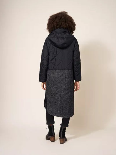 White Stuff LUNA FABRIC MIX QUILTED COAT IN BLACK MULTI