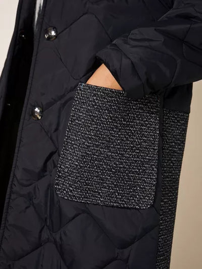 White Stuff LUNA FABRIC MIX QUILTED COAT IN BLACK MULTI