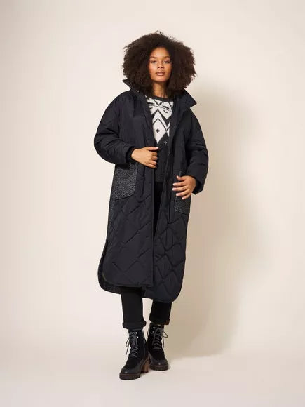 White Stuff LUNA FABRIC MIX QUILTED COAT IN BLACK MULTI