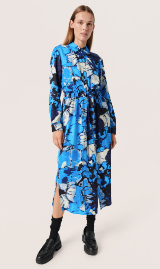 Soaked In Luxury Ladies Shirt Dress SLMakena in Malibu Blue Large Scale Flora, makena