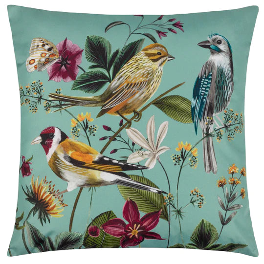 Wylder Midnight Garden Birds Outdoor Cushion Aqua 43X43