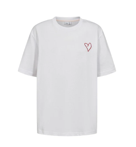 Numph Ladies T Shirt NUModus in Bright White, Modus pink embroidered heart