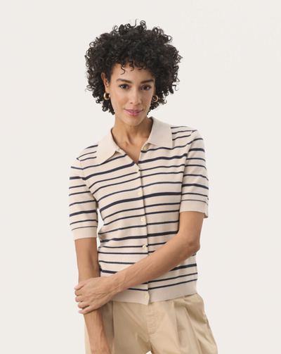 Part Two Ladies Pullover NimraPW in French Oak and Navy Stripe, Nimra Cardigan