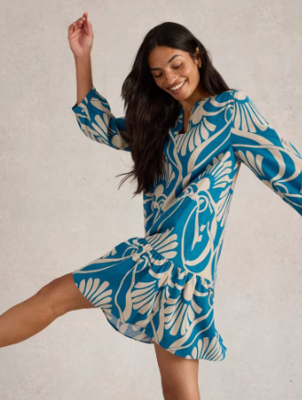 White stuff Ladies Otto Linen Blend Dress in BLUE PRINT