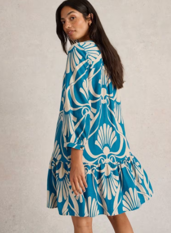 White stuff Ladies Otto Linen Blend Dress in BLUE PRINT