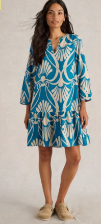 White stuff Ladies Otto Linen Blend Dress in BLUE PRINT
