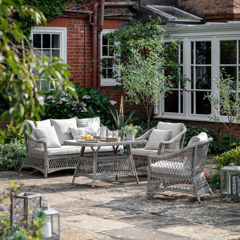 Menton Lattice Weave Lounge Set With Sofa, Armchairs & Dining Table