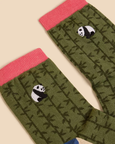 White Stuff Embroidered Panda Socks in Green MLT