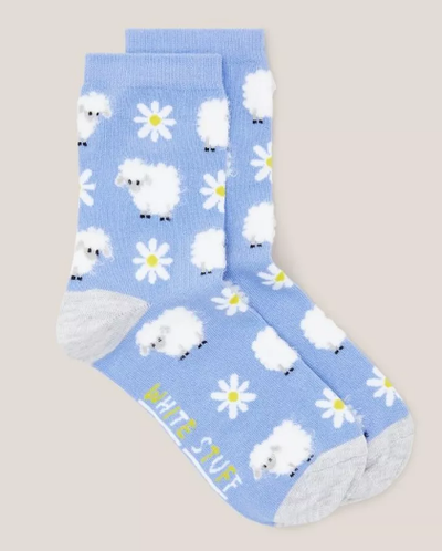 White Stuff Fluffy Sheep Socks in Blue MLT