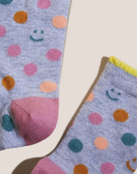 White Stuff Ladies Ankle Socks Spot Smiley Face Socks  Blue Mlt